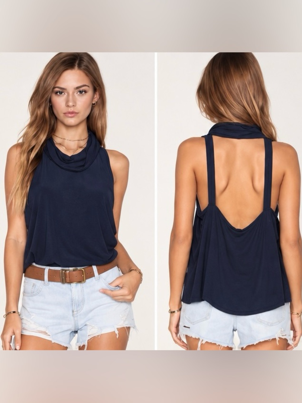 NWT Free People City Lights Cowl Neck Open Back Tank Top Navy M